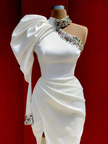 Yellow White Long Sleeves Satin Cocktail Dresses High Neck One Shoulder Crystal Slit Party Formal Prom Dresses HZ1023